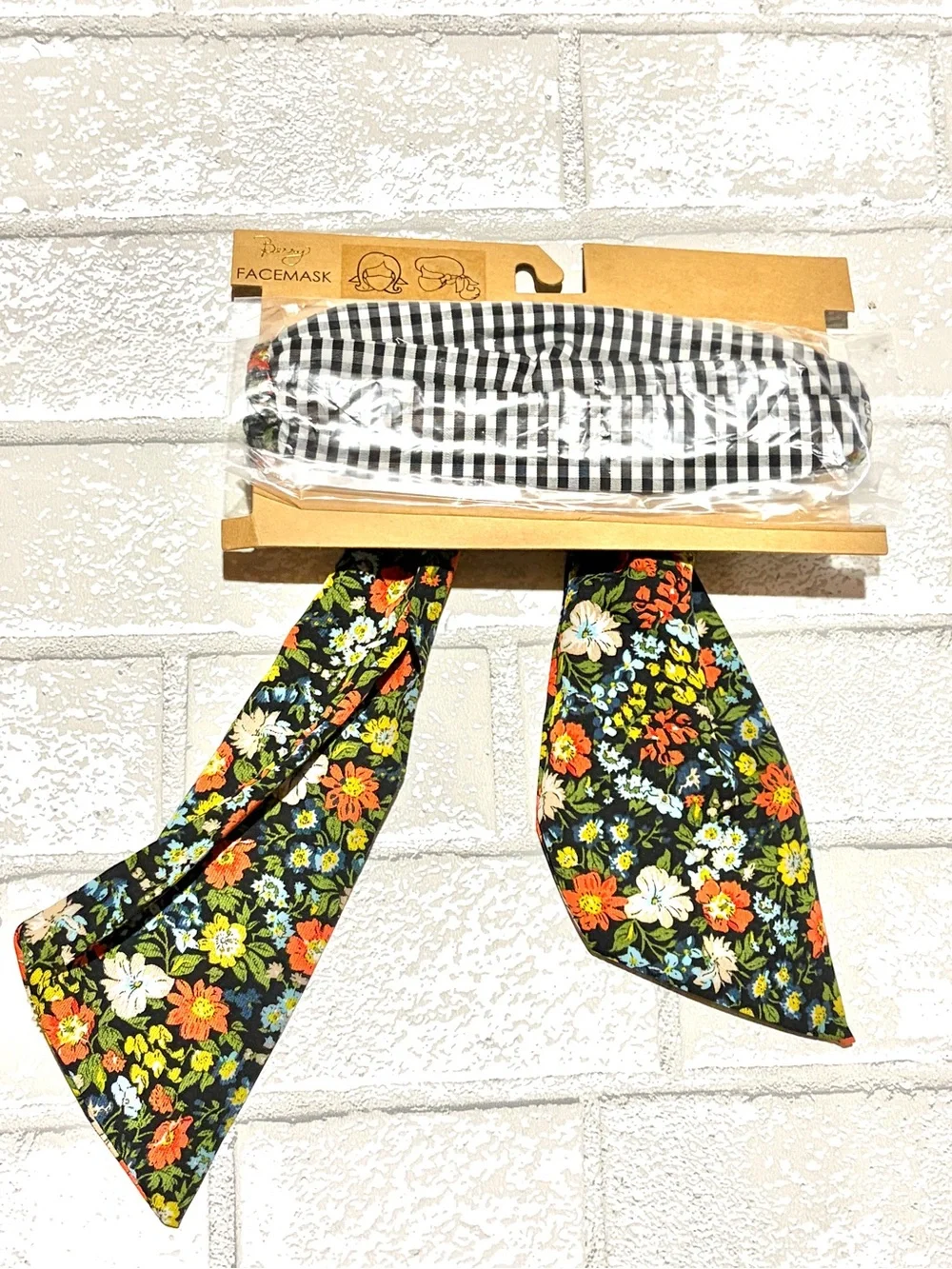 Berry 2-in-1 Floral Ribbon Hair Scarf with Black & White Stripe Mask NEW
